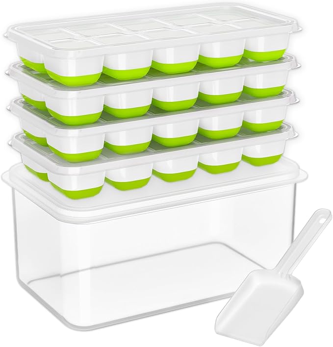 Ice Cube Tray with Lid and Bin 4 Pack Silicone Ice Cube Trays for Freezer with Ice Box Ice Trays with Ice Container Stackable Ice Tray with Storage Ice Bucket Kits Ice Scoop