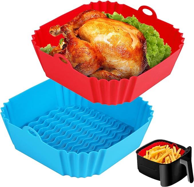 Square Silicone Air Fryer Liners - 8 Inch Reusable Air Fryer Pot - Air Fryer Accessories - Air Fryer Inserts for 4 to 7 QT Oven Microwave Accessories